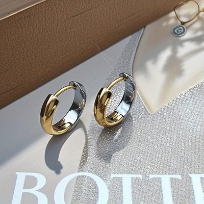 TEMU Anti-allergic, Double-color French Plain Ring Stainless Steel Earrings, Exquisite , Anti-fading, Suitable For Daily Street Wear, A Birthday Gift For Lovers Image