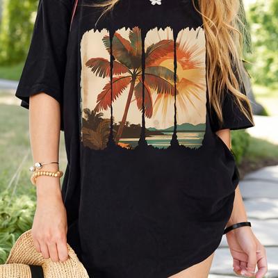 TEMU Spring And Summer Women's Casual Plus-size Round Neck Drop Shoulder T-shirt, Comfortable Loose Fit, Large Printed Black Top. Image