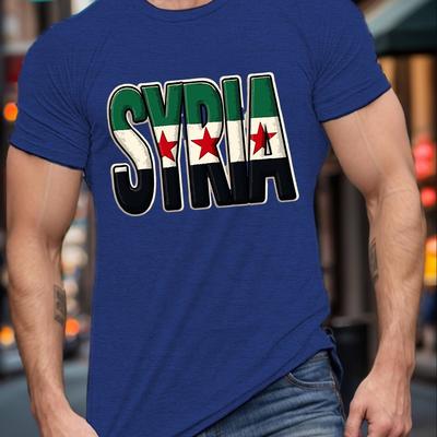 "TEMU Men's Casual "syria" Graphic Tee - Short Sleeve, Round Neck, Summer T-shirt With Flag Pattern, Lightweight & Stretchy, Everyday Tshirt | Graphic Shirt | , Plus Size" Image