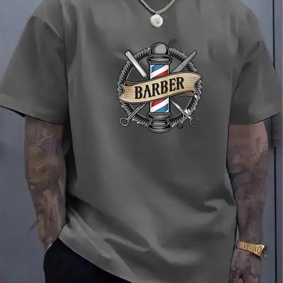 TEMU [summer Essential] Men's Barber Graphic T-shirt - Casual Round Neck Short Sleeve, White Polyester Tee With Stylish Barber Pole Design, For Summer Or Valentine's Day Gift Image