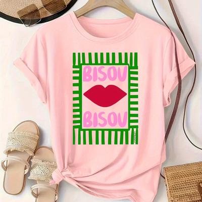 TEMU Bisou Graphic T-shirt For Women - Stylish Round Neck Short Sleeve Tee With , Lightweight & Comfortable For All Image