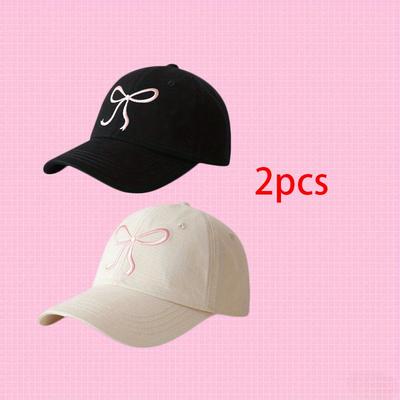 TEMU Sweet Bow Embroidered Baseball Cap - Large Brim, Lightweight & , Pink With White Bow Detail, , Casual Headwear | Design | Lightweight Cap Image