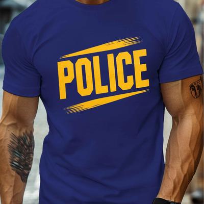 TEMU Police Print, Men's Round Crew Neck Short Sleeve Tee, Casual T-shirt Casual Comfy Lightweight Top For Summer, Style, Conventional Version, Summer Image