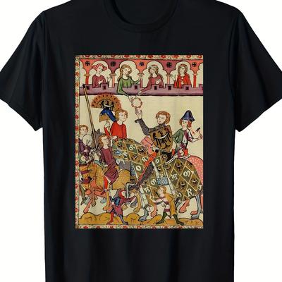 TEMU Men's Knight Medieval T-shirt, 100% Cotton, Short Sleeve, Black, 14th Century Illustration, Casual Wear, Machine Washable, Casual Wear Tshirt | Historical Graphic Tee | 100% Cotton Tee Image
