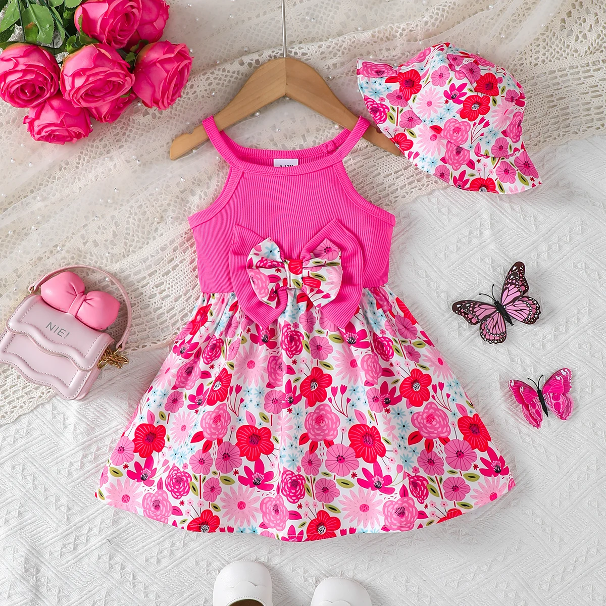 2 Stücke Sommer Baby Mädchen Kleid Ärmelloses Bogen Blumenkleid + Hut 0-3 Jahre Alt Kleinkind Baby Mädchen Strand Urlaub Freizeitkleid Image