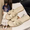 Damen-Sandalen, quadratische Zehen, flache Hausschuhe, Damen, breite Passform, Leder-Slides, elegante Sommerschuhe, Outdoor, tägliche Freizeitschuhe