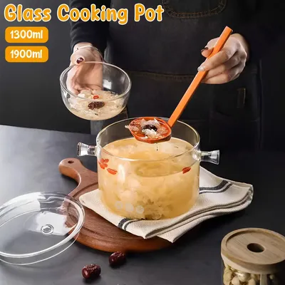 1300/1900ml Clear Cooking Pot Non Stick Glass Simmer Pot Heat Resistant Stovetop Pan Cookware Set for Cooking Pasta Noodle Soup
