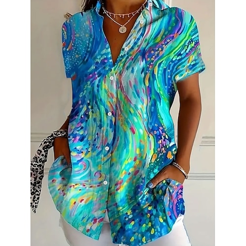 Maglietta da Donna Manica Corta Camicia Bottone Blusa Grafica Floreale Gradient Colorato Giornaliera Casual Colletto Regolare Top Giornaliero Giallo Blu Verde Estate Primavera