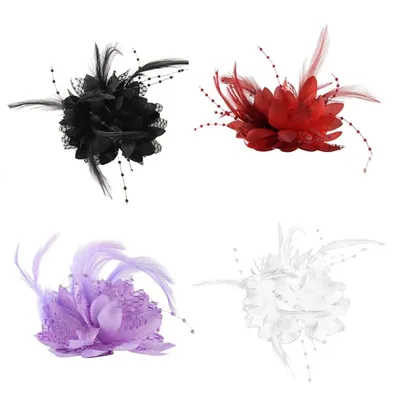 Women Fashion Flower Feathers Bead Corsage Hair Clip Bridal Hairband Brooch Pin