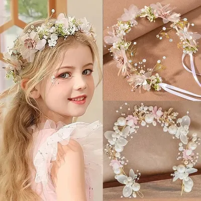 Spring Bohemian Girls Bridal Pearl Hair Headdress Flower Wreath Bride Garland Head Hoop Headbands
