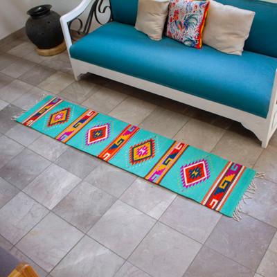 Colorful Eye of God,'Turquoise Zapotec Wool Runner with Mexican Geometric Motifs'