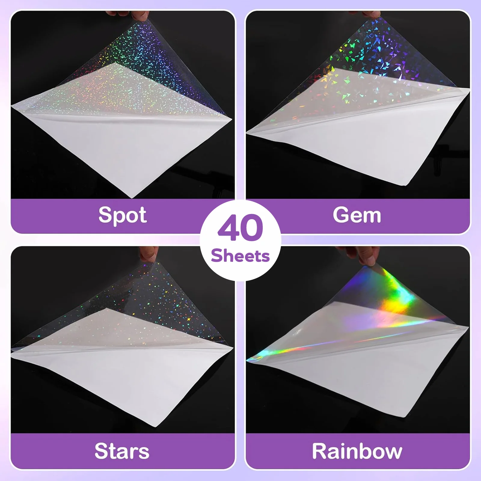 40 Blatt A4 klare holografische Kaltlaminierungsfolie 8,3 x 11,7 Zoll selbstklebende Folie 4 Stile gemischt: Diamant, Regenbogen, Sterne, Punkte Image