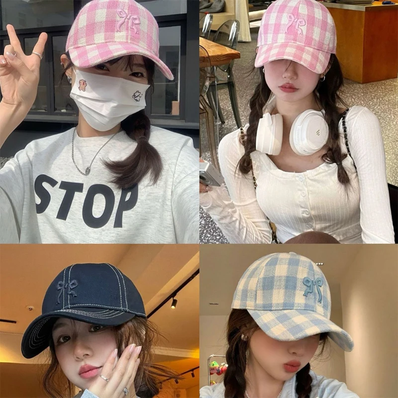 Frauen Visiere Neue Karierte Schleife Stickerei Vielseitig Süße Kawaii Nette Baseball Caps Koreanische Modische Trendy Sonnenhüte Mädchen Image