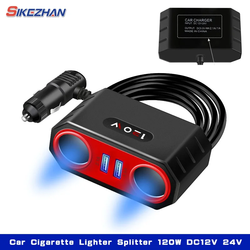 Auto-Zigarettenanzünder-Splitter, 120 W, DC12 V, 24 V, Autoladegerät, Adapter, Dual-USB-LED-Schnellladegerät für Telefon, iPad, GPS, Dashcam Image