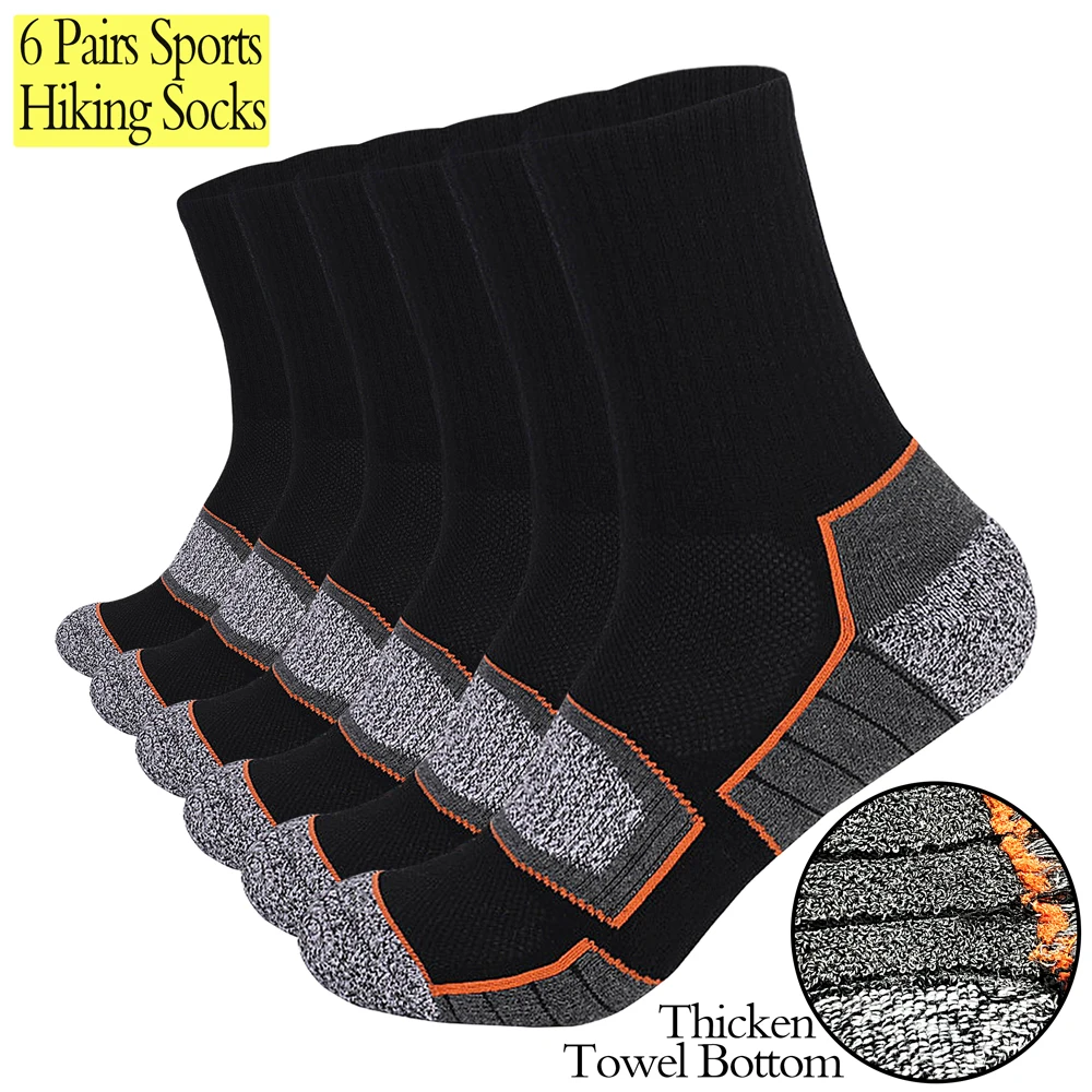 6 Paar Herren-Wandersocken mit schwerem Kissen, Baumwolle, geruchshemmend, feuchtigkeitsableitend, Unisex, Größen 35–50 für Trekking, Laufen, Multi-Pack