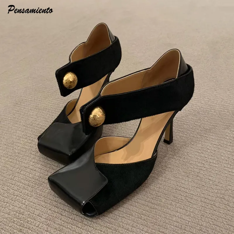 Vintage Karree Patchwork Leder Frauen Pumpen Mode Frühling Herbst Mary Janes Rosshaar Stiletto High Heels Party Prom Schuhe
