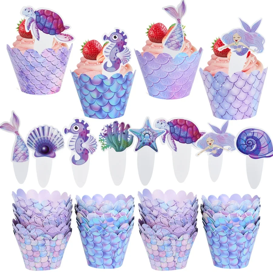 32 teile/satz Meerjungfrau Party Cupcake Dekoration Ozean Muffin Kuchen Wrapper Unter Dem Sea Star Shell Geburtstag Party Backen Decor Versorgung Image