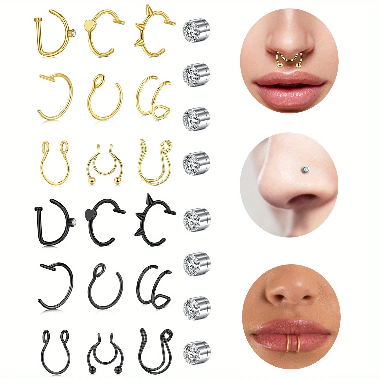 13 Stück Fake Nasenring Hoop Fake Nasenpiercing Schmuck Fake Nose Stud Nasenringe Clip on Nasenring Fake Septum Piercing Image