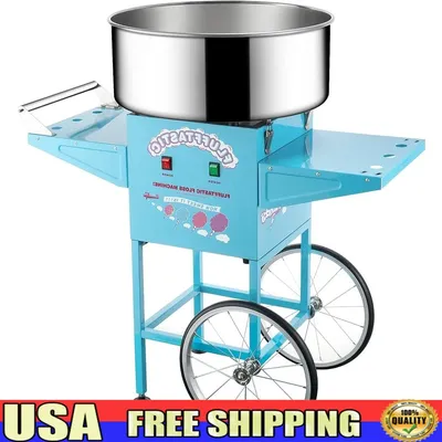 Cotton Candy Machine Cart 1000W Portable Floss Maker with Stainless Steel Pan Side Trays and 13in