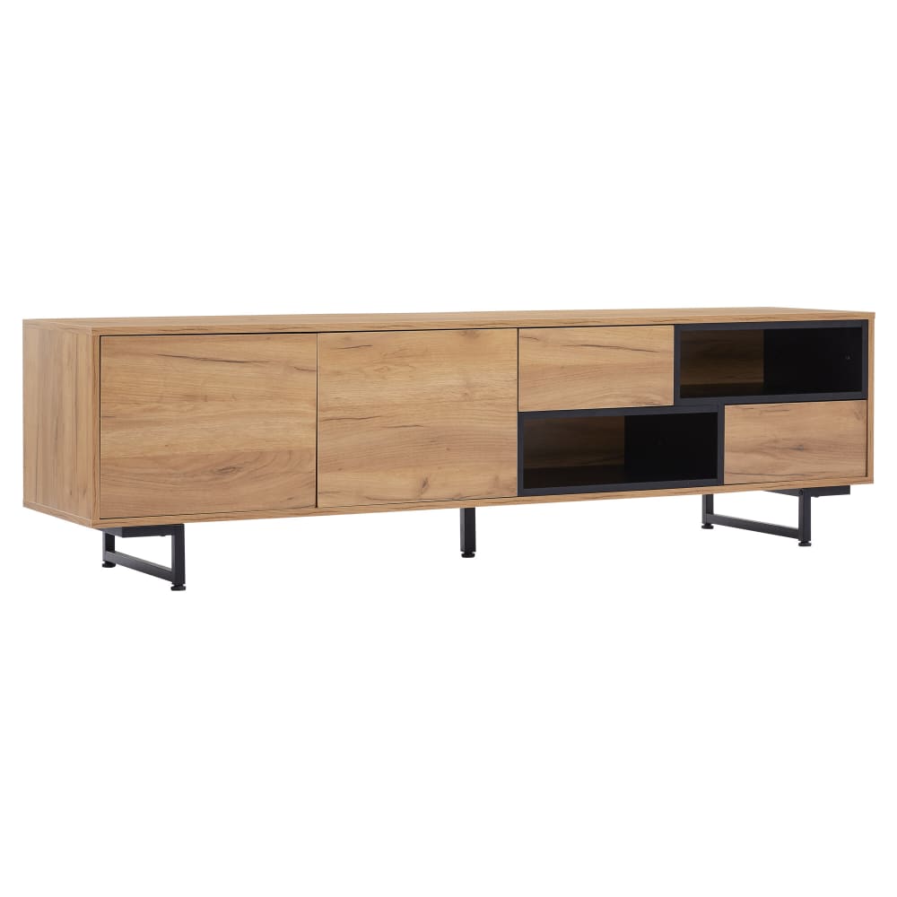 Meuble TV effet bois 2 tiroirs, 2 portes et 2 niches ouverts noir