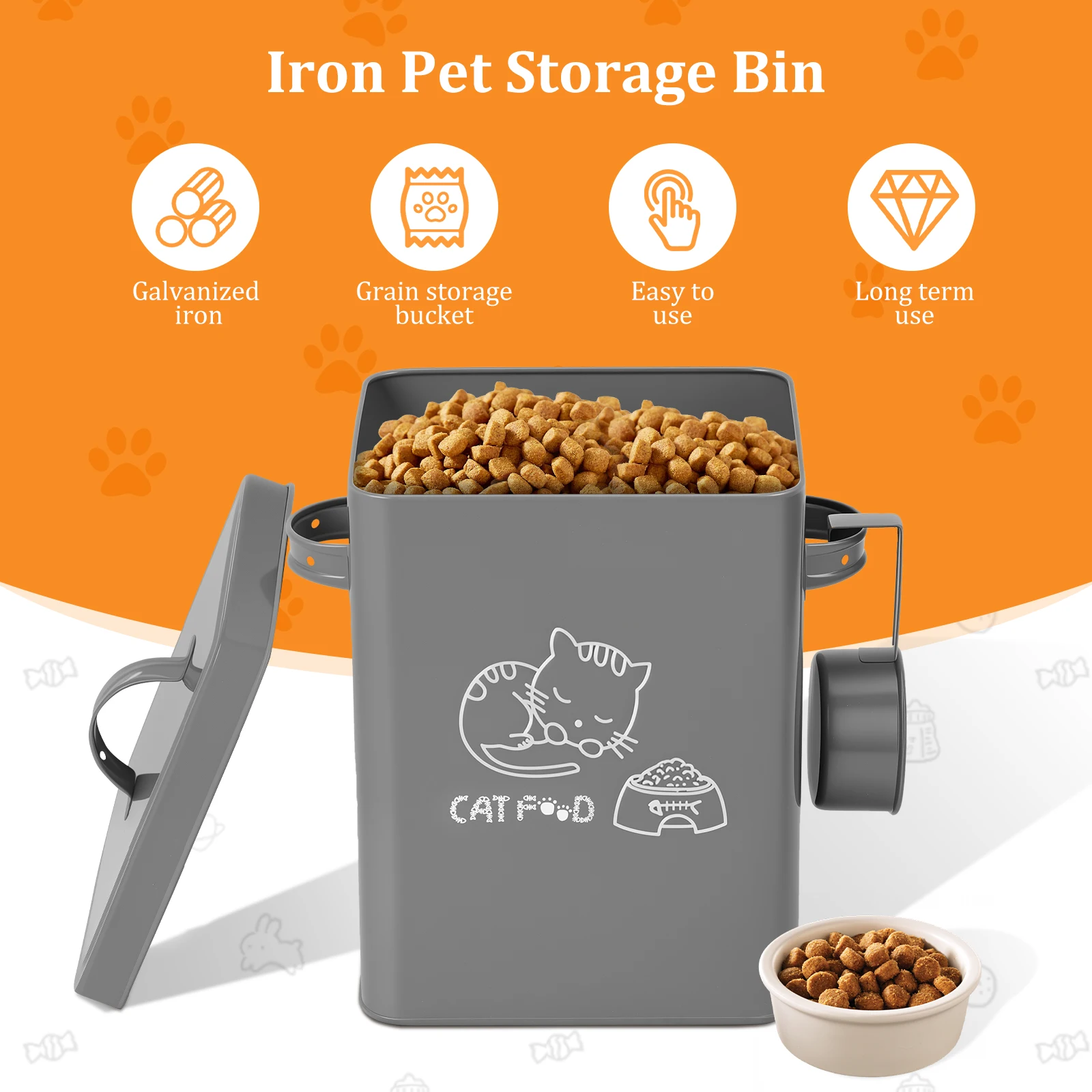 Boîte de stockage des aliments pour animaux de compagnie, en métal, grande capacité, stockage des aliments pour chiens et chats, récipient scellé avec couvercle et cuillère, baril organisateur de