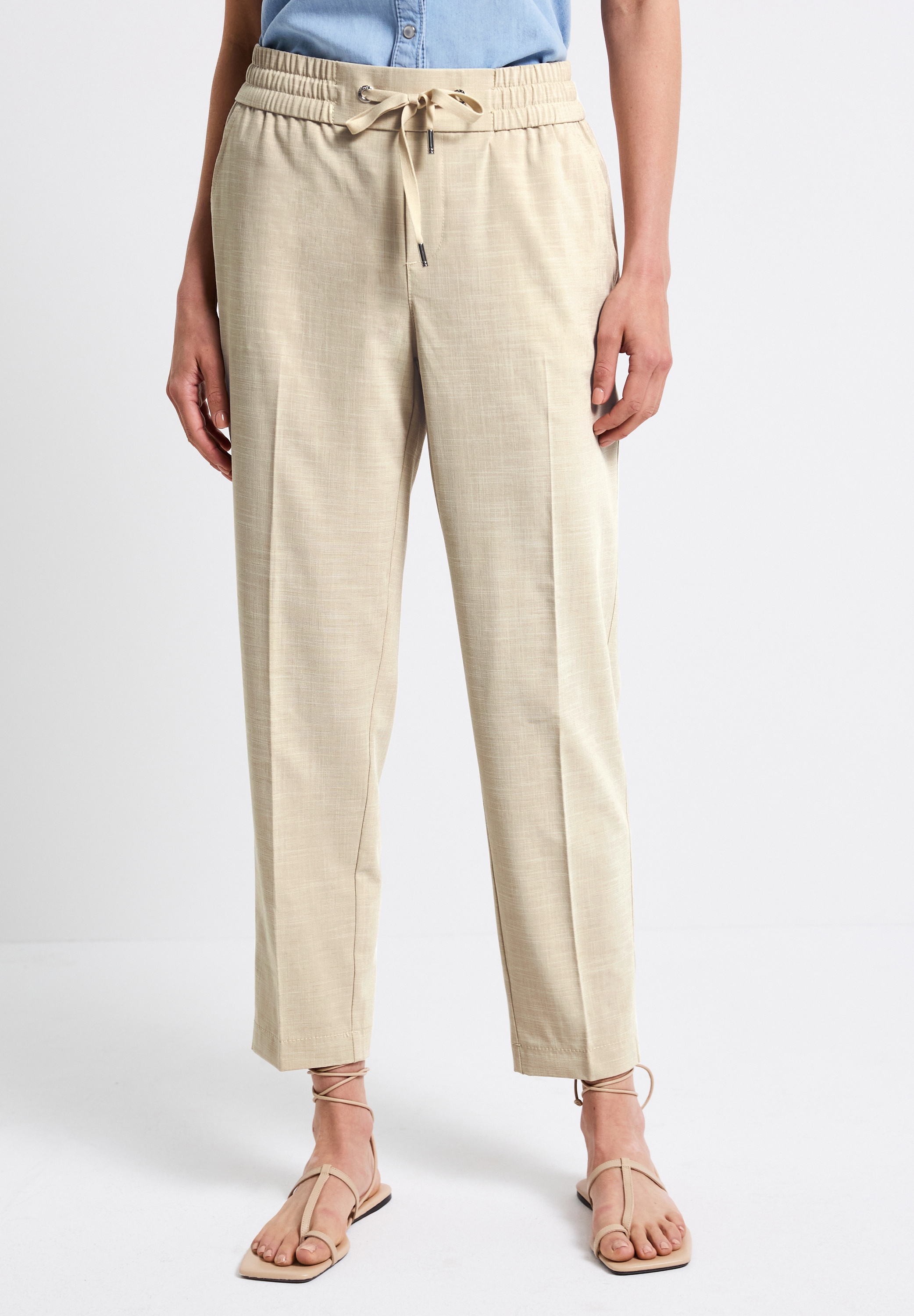 Bügelfaltenhose STREET ONE, Damen, Gr. 44, Länge 28, beige (coastal beige), Stoff, 54% Polyester, 43% Viskose, 3% Elasthan, unifarben, loose fit knöchelfrei, Hosen, Middle Waist