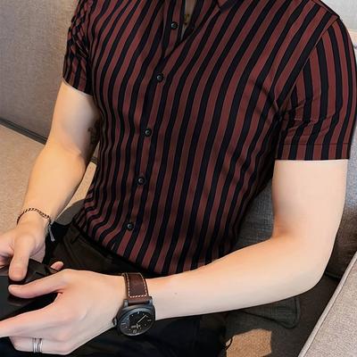 TEMU Men's Summer Striped , Short Sleeve Button, Regular Fit, 95% Polyester 5% Elastane, Woven Fabric, Stretch, , Lapel Collar, 119gsm - Casual Workwear Image
