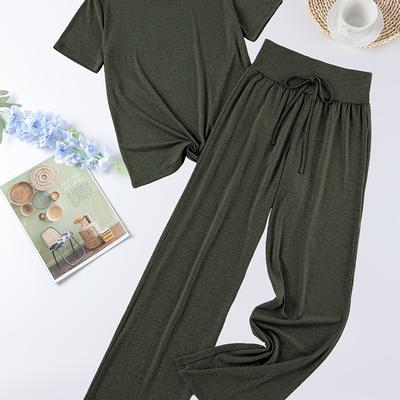 TEMU Color Rayon Round Neck Short T-shirt + Long Pants Set A49+a56 Image