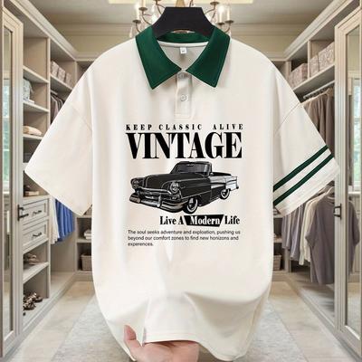 "TEMU Men's Vintage Car Graphic Shirt - Cream Base With , "keep Classic " Slogan & Retro , Loose Fit Summer Casual Streetwear, Machine Washable, Clothing, Car Related Shirts" Image