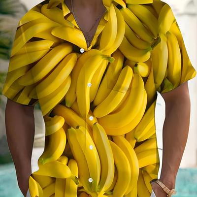 TEMU Men's Print Hawaiian Shirt - Short Sleeve, Button-up With Chest Pocket, Vibrant Design, Summer Casual Wear For Adults, Summer Casual Wear|vibrant Print Shirt|polyester Fabric, Banana Shirt Image