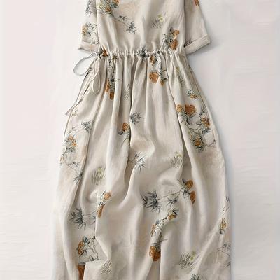 TEMU Elegant Floral A-line Dress For Women - Dress With Drawstring Waist, Crew Neck, And Floral Print, Lightweight Polyester Fabric For Spring/summer/fall, Floral Dress Image