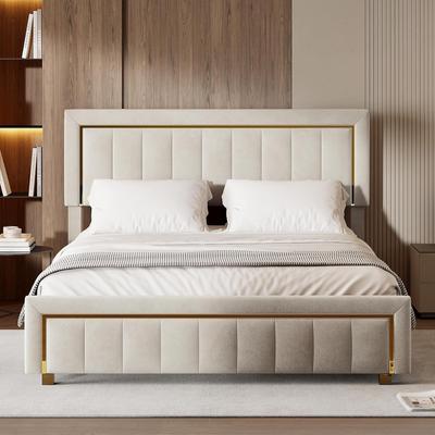 TEMU Ycz Beige Velvet Bed Frame With Storage Space, Hydraulic King Size Bed With Headboard, Wooden Slatted Support, Easy Assembly, Iidn, , Padded Headboard, Solid Mdf Construction, Image