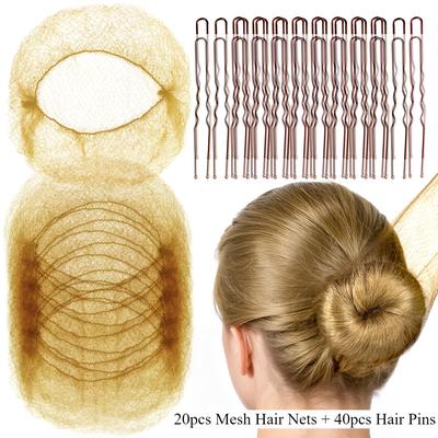 TEMU 60pcs Hair Accessories Set: 20pcs Mesh Hair Nets (invisible, 40pcs U-shaped Hair Pins) For Women, Girls, Ballet Bun Maker & Dance (hair Nets- 20 Inch, Hair Pins- 2.4 Inch) Image