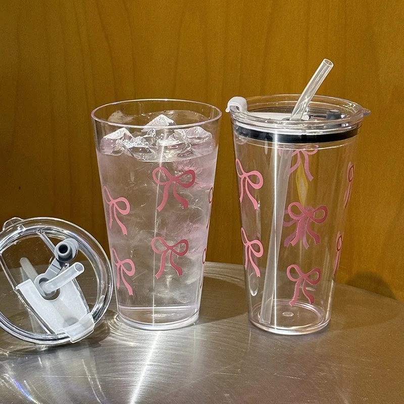 1PC Bogen Gedruckt Kunststoff Wasser Flasche mit Stroh und Deckel Kaffee Tasse Tumbler Getränke Transparent Kalten Getränke Trinkbecher Image