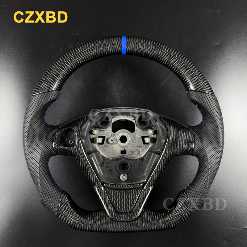 Blaues Marker-Lenkrad für Ford Fiesta MK7, echtes glänzendes schwarzes Carbonfaser-Sportrad, hochwertiges Leder, individuell Image
