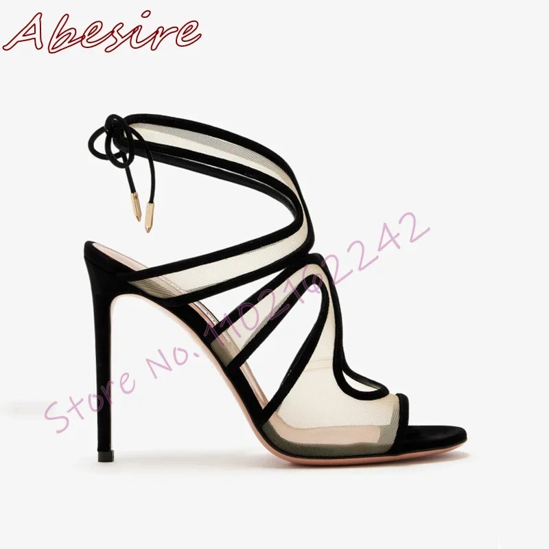 Sommer Neue Mesh Atmungsaktive High Heels Offene spitze Stiletto Lace-Up Sandalen Elegante Luxus Spitze Party Kleid Frauen Schuhe gladiator
