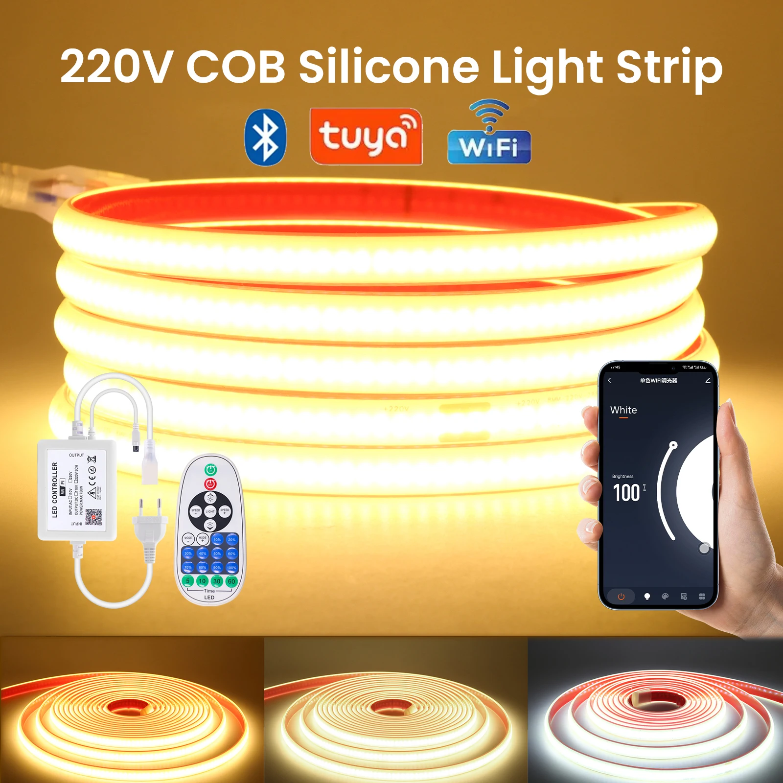 Tuya WiFi Bluetooth 220V Dimmbare COB LED Streifen Licht Flexible Band Band 288LEDs Dichte Linear IP67 Wasserdichte lichtschlauch