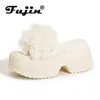 Fujin 8 cm Tuch Kunstleder Stiefeletten Bling Hohe Marke Bequeme Booties Schuhe Frauen Mode Sommer