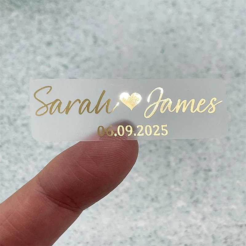 50 Stück personalisierte rechteckige Hochzeitsaufkleber, individuelle Goldfolie, Hochzeitsbevorzugung, Dankesaufkleber, Willkommens-Geschenktütenetiketten Image