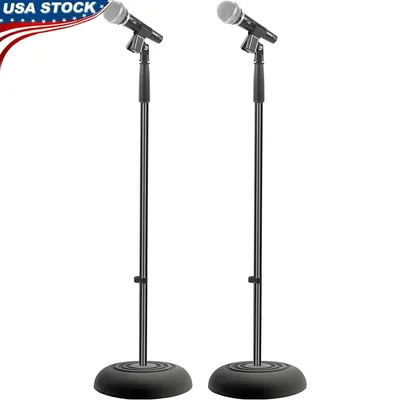 Universal Adjustable Microphone Stand Pair Heavy Duty Compact Base Lightweight Studio Floor Mic