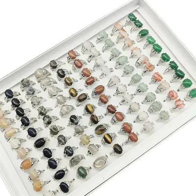 100pcs/Lot Wholesale Hot Mix Size Natural Stone Finger Rings for Women Men Fashion Big Size Mix Style Jewelry Wedding Gifts Girl
