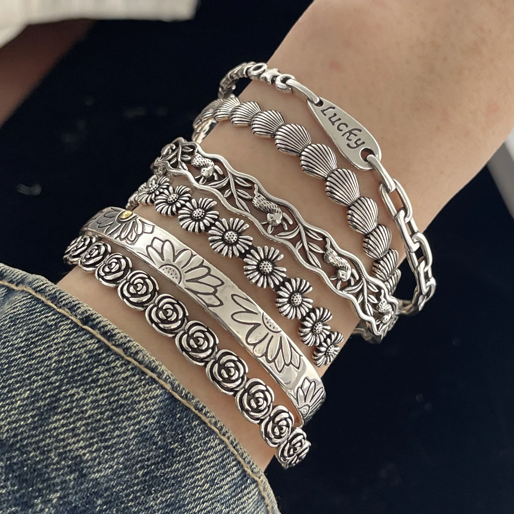 Bracciale retrò in argento sterling massiccio 925 al 100% per donna uomo Bracciale vintage fatto a mano con motivo floreale, regalo di compleanno