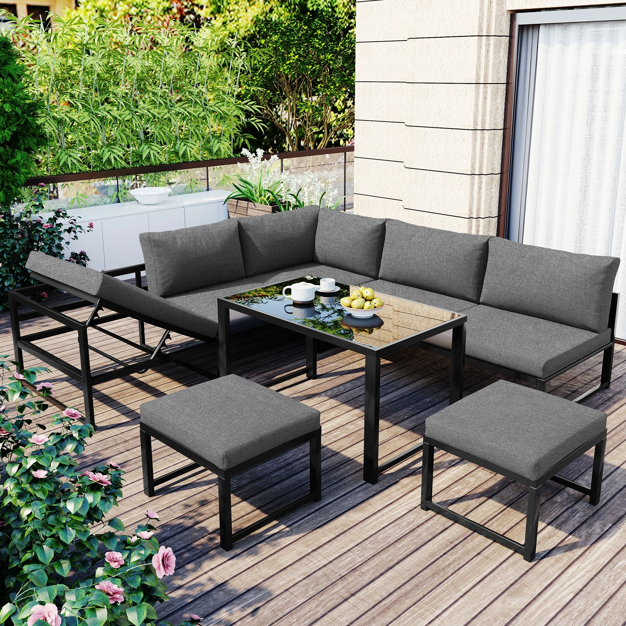 Set di mobili da giardino per esterni, set di mobili da balcone, set divano e tavolino, mobili da giardino, set divano con cuscini per seduta e schienale, con funzione reclinabile