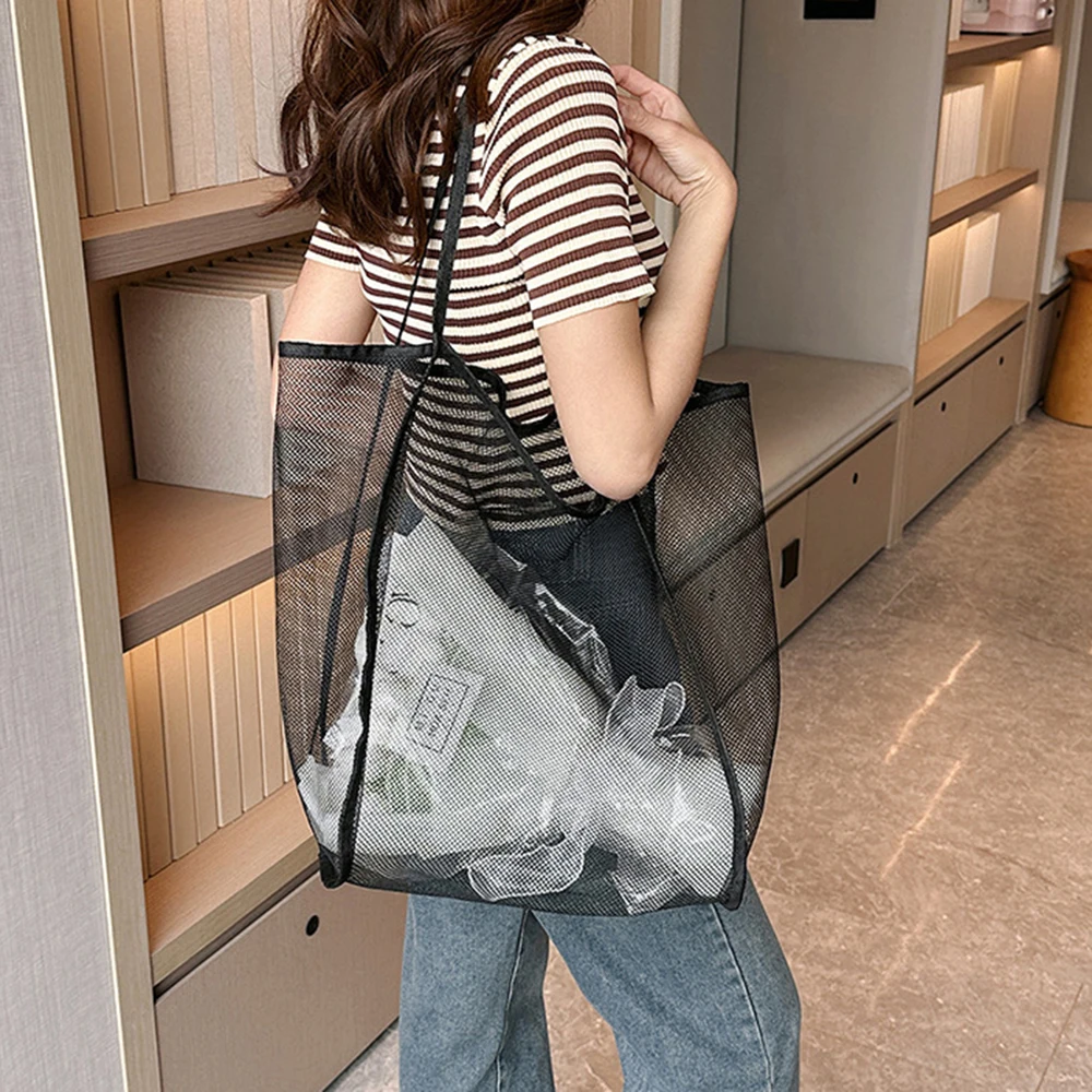 Borsa portaoggetti in rete trasparente, borsa a tracolla, alla moda, leggera, di grande capacità, borsa per la spesa versatile, borsa da spiaggia per organizzare