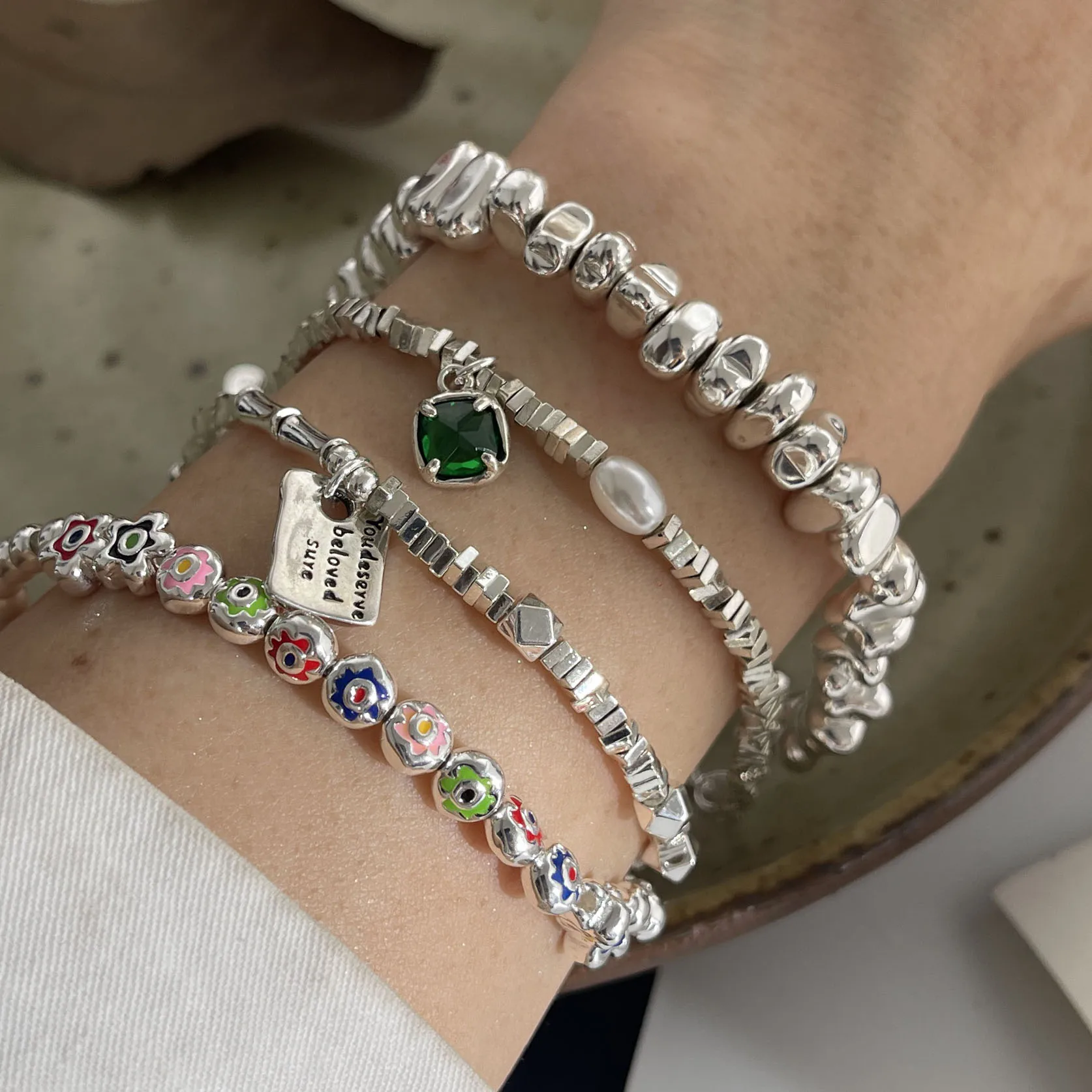 Bracciale retrò in argento sterling massiccio 925 al 100% per donna uomo Bracciale vintage fatto a mano a forma di fiore in pietra regalo di compleanno