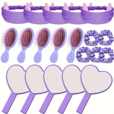 TEMU 20pcs Spa Party Supplies: -shaped Mirrors, 5 Headbands (random Ear Colors), 5 Satin Hair Scrunchies, 5 Hair Brushes - Spa, Birthday, Or Sleepover Parties Image