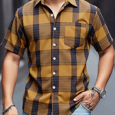 TEMU Men's Casual Short Sleeve Shirt - Summer Grid Pattern Button-up With Chest Pocket, H-fit Breathable Fabric For Outdoor & Leisure Activities, Classic Collar Design | Nonstretch Material Image