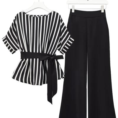TEMU Women's Casual Suit Striped Print Lace-up Short-sleeved Top And Solid Color Loose Trousers Two-piece Set Image