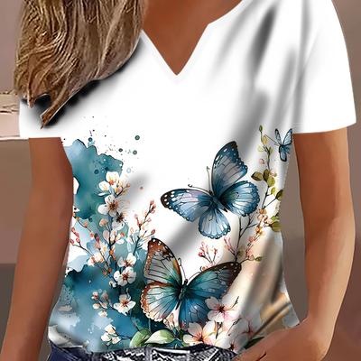 TEMU Women's Elegant V-neck Short Sleeve T-shirt - 3d Printed Colorful & , Breathable Summer Top With Stretch, Machine Washable Casual Wear, Everyday Tee, Shirt, Stretchy Fabric Shirt Image