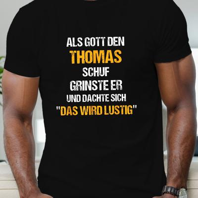 "TEMU Men's Casual Short Sleeve T-shirt - Black Geometric Print Summer Top With "als Got Den For Thomas Schuch" Text, Breathable Round Neck Tee For Casual Attire" Image